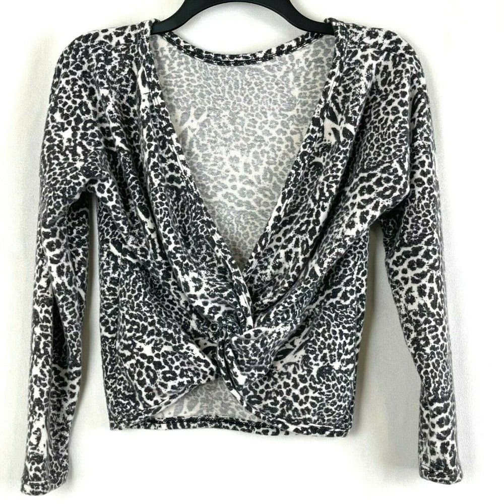 Poof New York Womens Long Sleeve VNeck Leopard Front Twist Top Black/White Mediu
